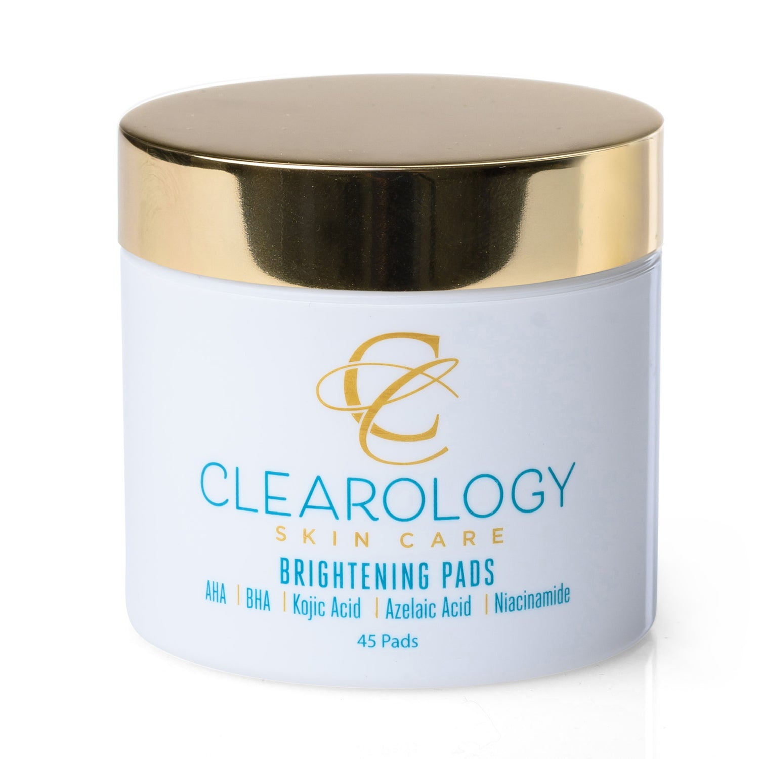 A close-up of the jar of Clearology Skin Care Brightening Pads with a gold lid. The label highlights ingredients such as AHA, BHA, Kojic Acid, Azelaic Acid, and Niacinamide.