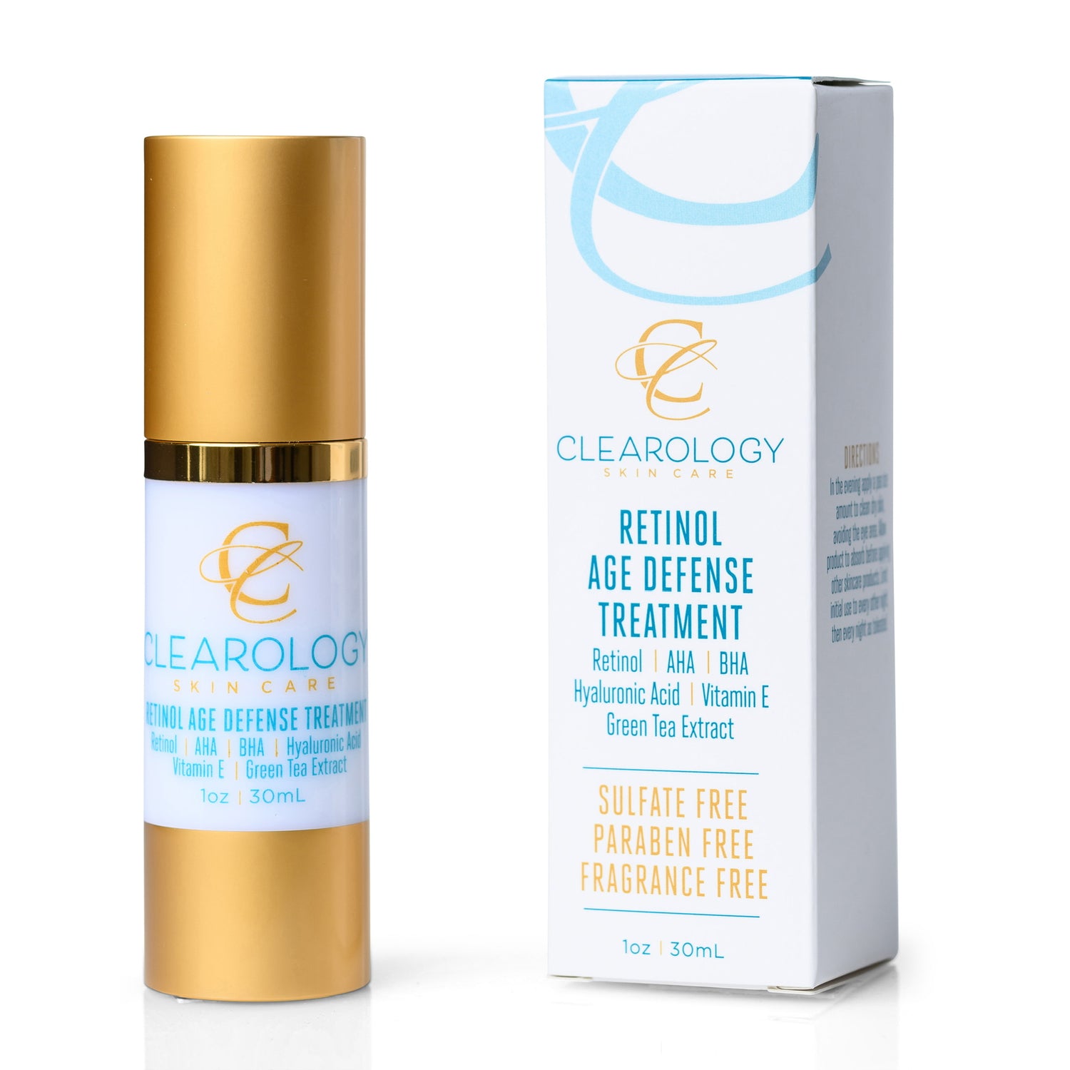 Clearology Retinol Age Defense Treatment bottle, front view displaying product name and key ingredients: Retinol, AHA, BHA, Hyaluronic Acid, Vitamin E, Green Tea Extract. Box, showing Sulfate Free, Paraben Free, Fragrance Free